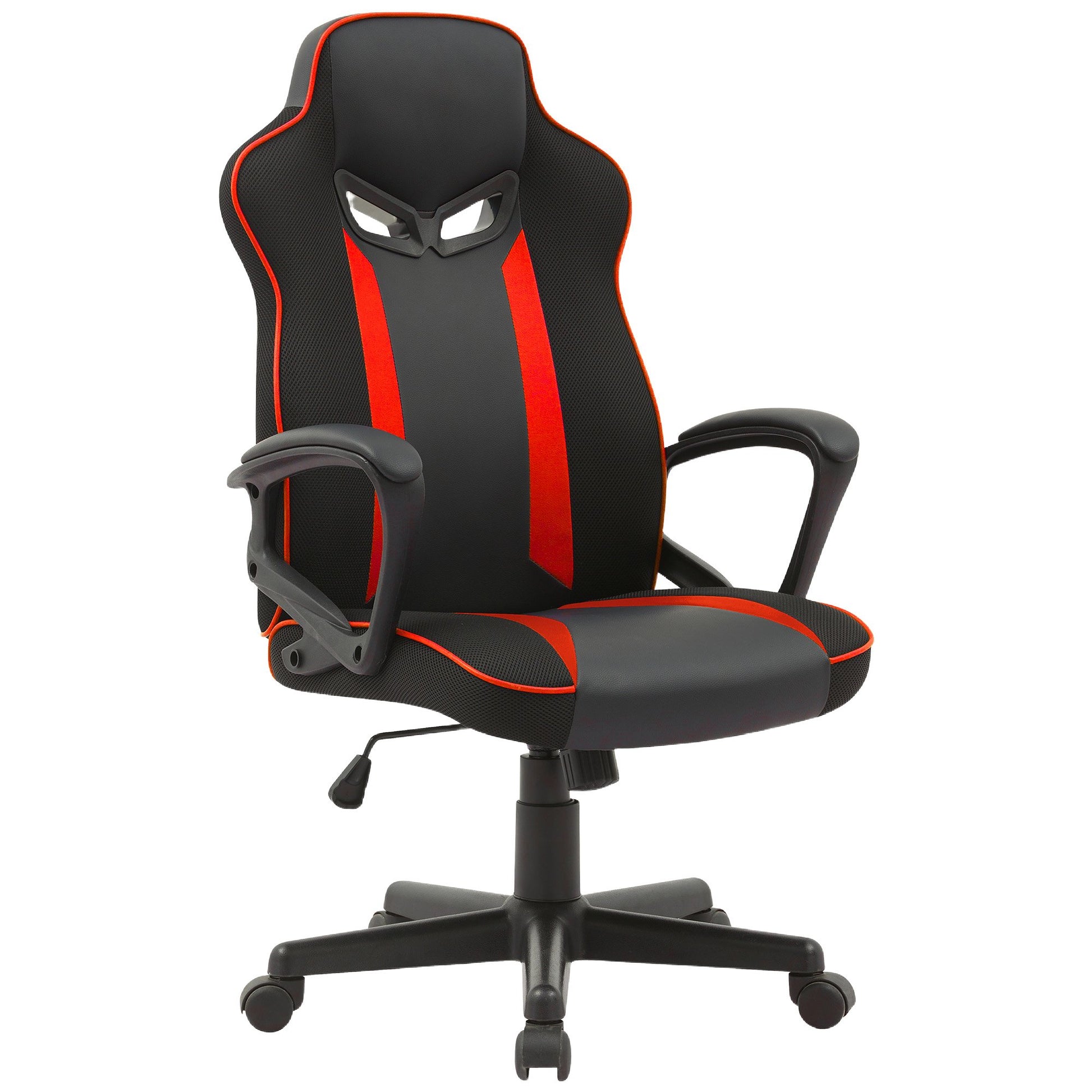 Black and red gaming office chair three-quarter angle view on white background showing racer-style back and padded armrests