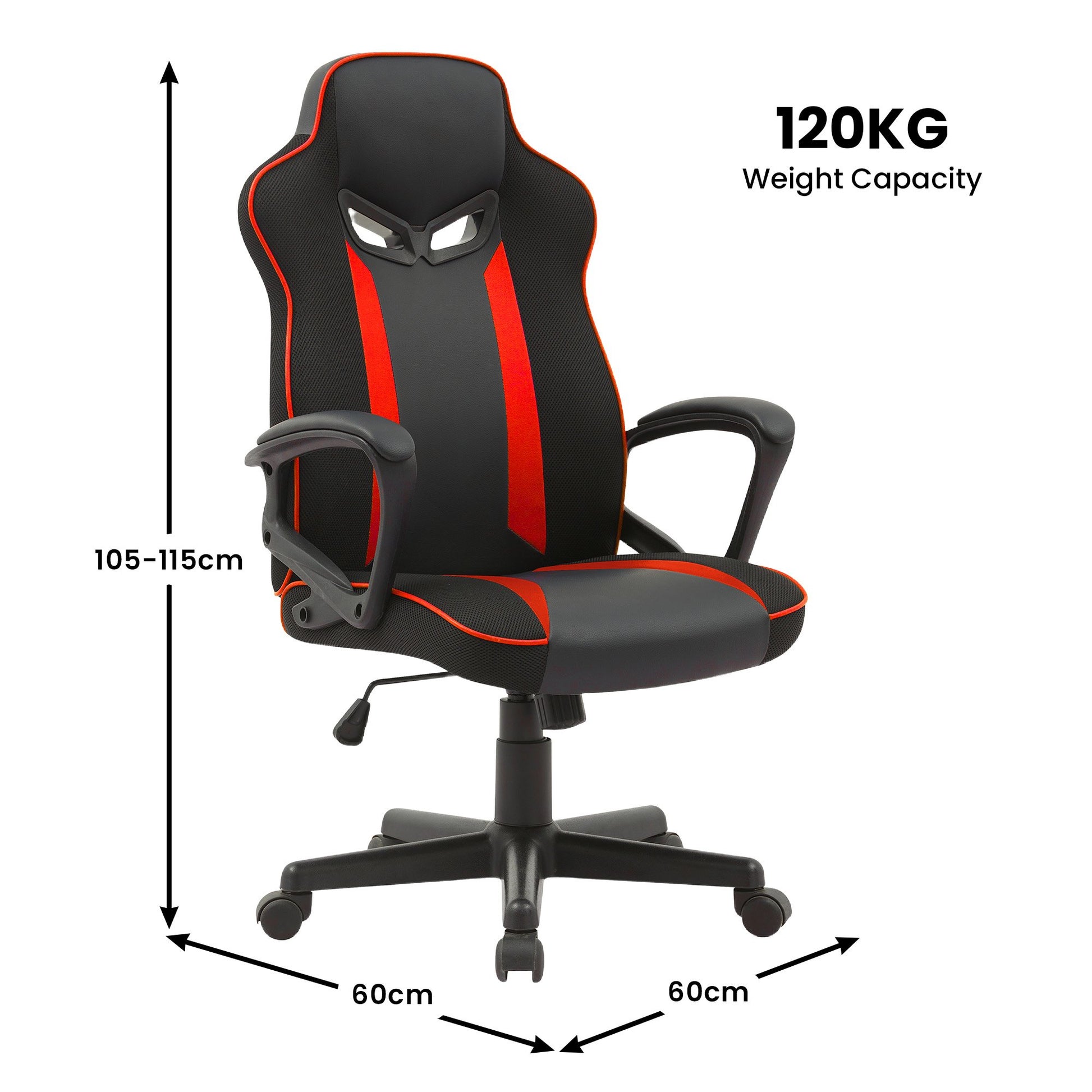 Black and red gaming chair dimensions: 60cm wide 105-115cm tall, 120KG weight capacity badge on white background