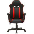 Black and red mesh racer-style gaming office chair with padded armrests and black five-star base, front view on white