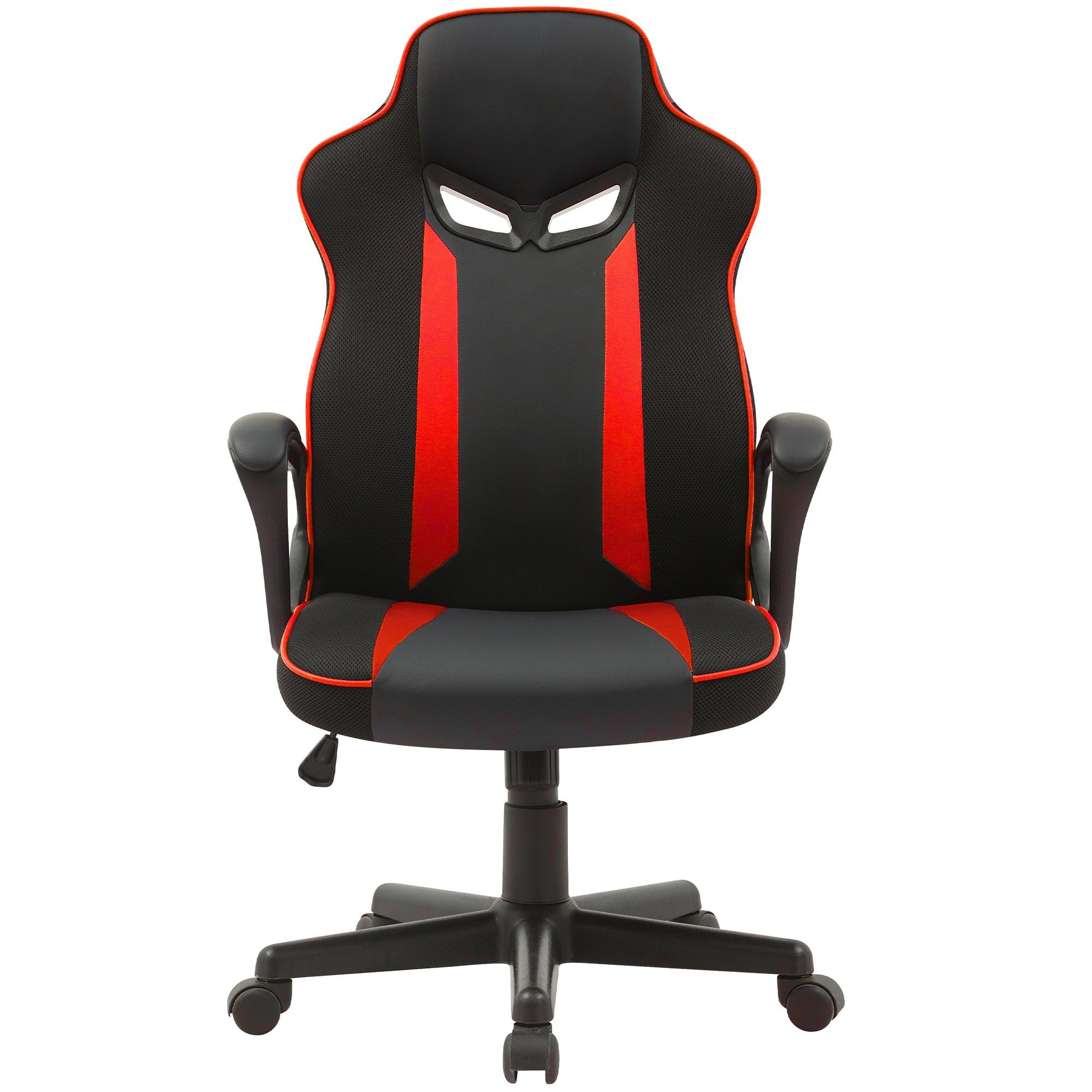 Black and red mesh racer-style gaming office chair with padded armrests and black five-star base, front view on white