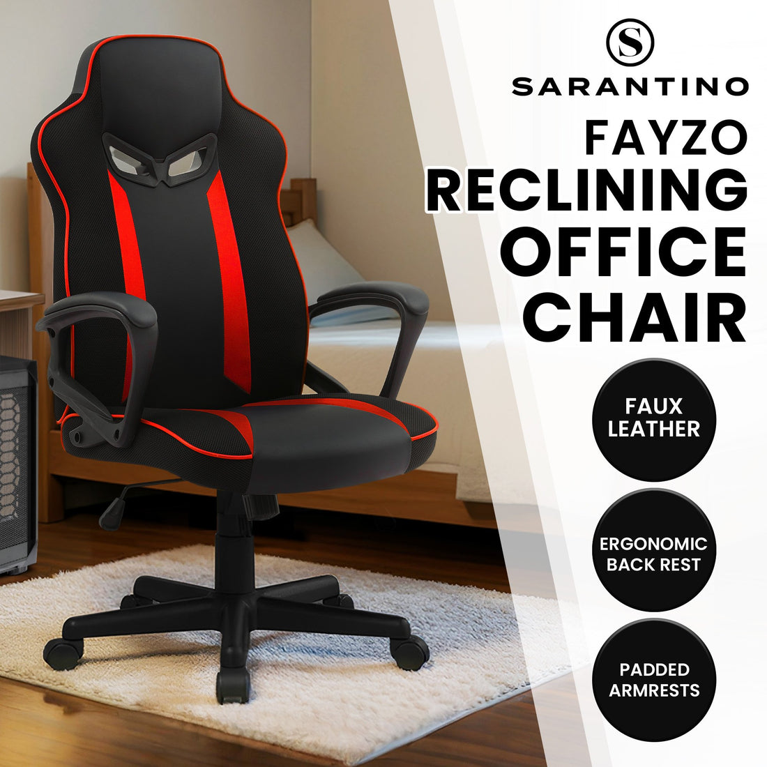 Black and red mesh racer-style gaming office chair with padded armrests and black five-star base, front view on white