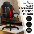 Sarantino Fayzo black and red gaming chair promo in room with faux leather and padded armrests feature badges