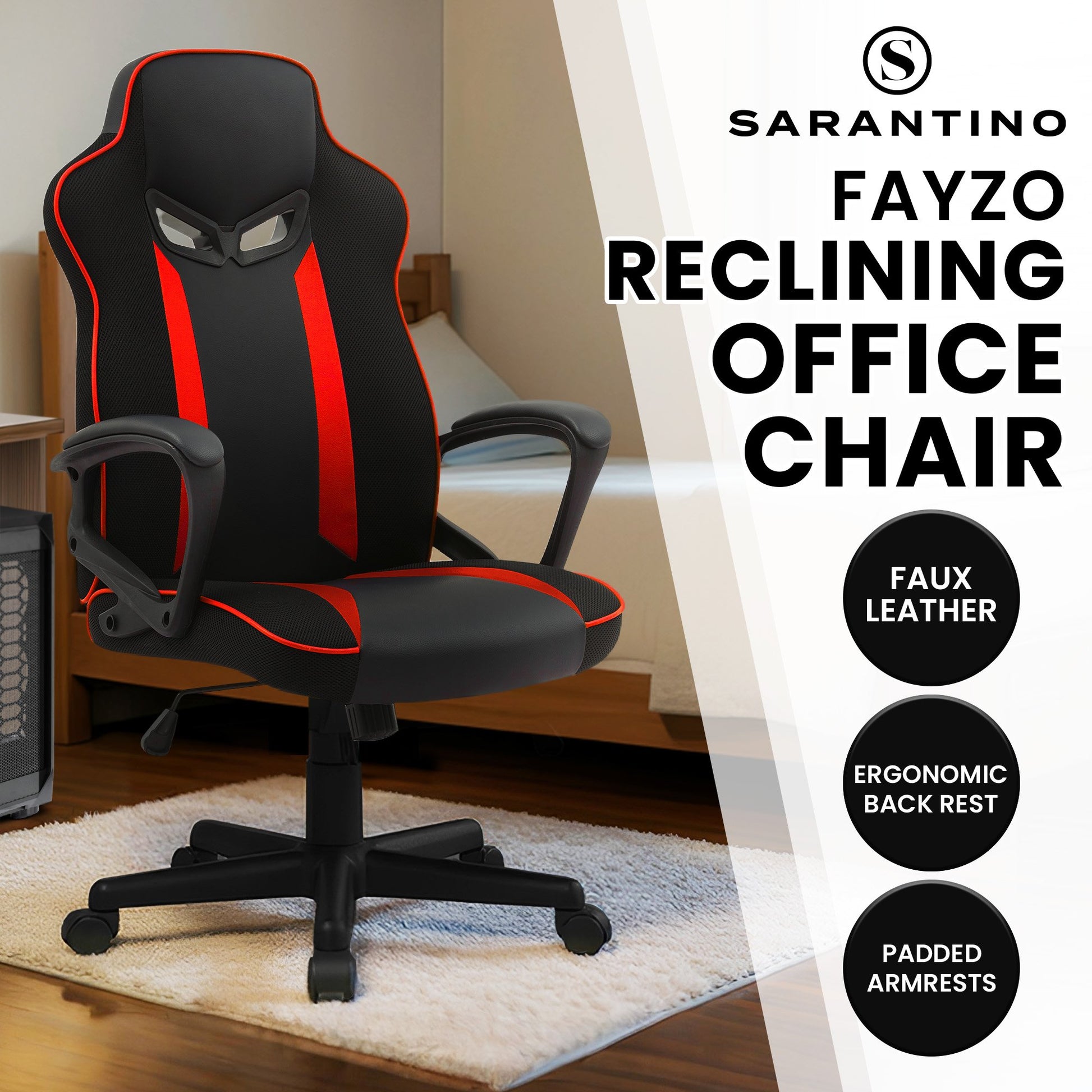 Sarantino Fayzo black and red gaming chair promo in room with faux leather and padded armrests feature badges