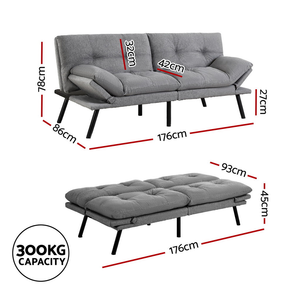 Dark grey linen 2-seat sofa bed with pull-out bed mechanism, cup holders in armrests and two back cushions