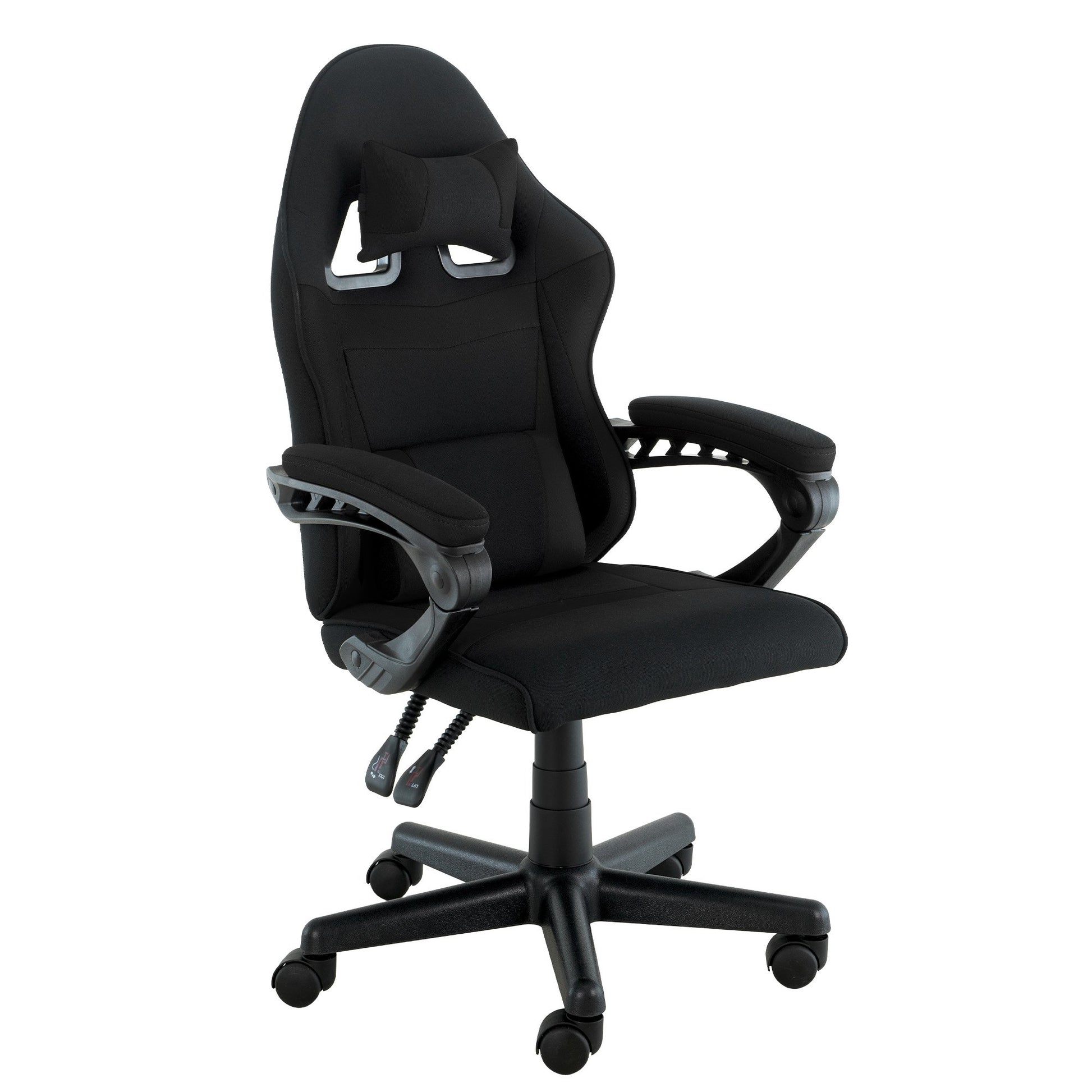 Sarantino all-black kids gaming chair three-quarter angle view on white with lumbar cushion and neck pillow