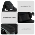 Sarantino black gaming chair details: removable neck pillow, lumbar cushion and breathable upholstery close-ups