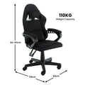 Sarantino all-black kids gaming chair dimensions 56cm wide 58cm deep 94-101cm tall, 110kg weight capacity badge on white