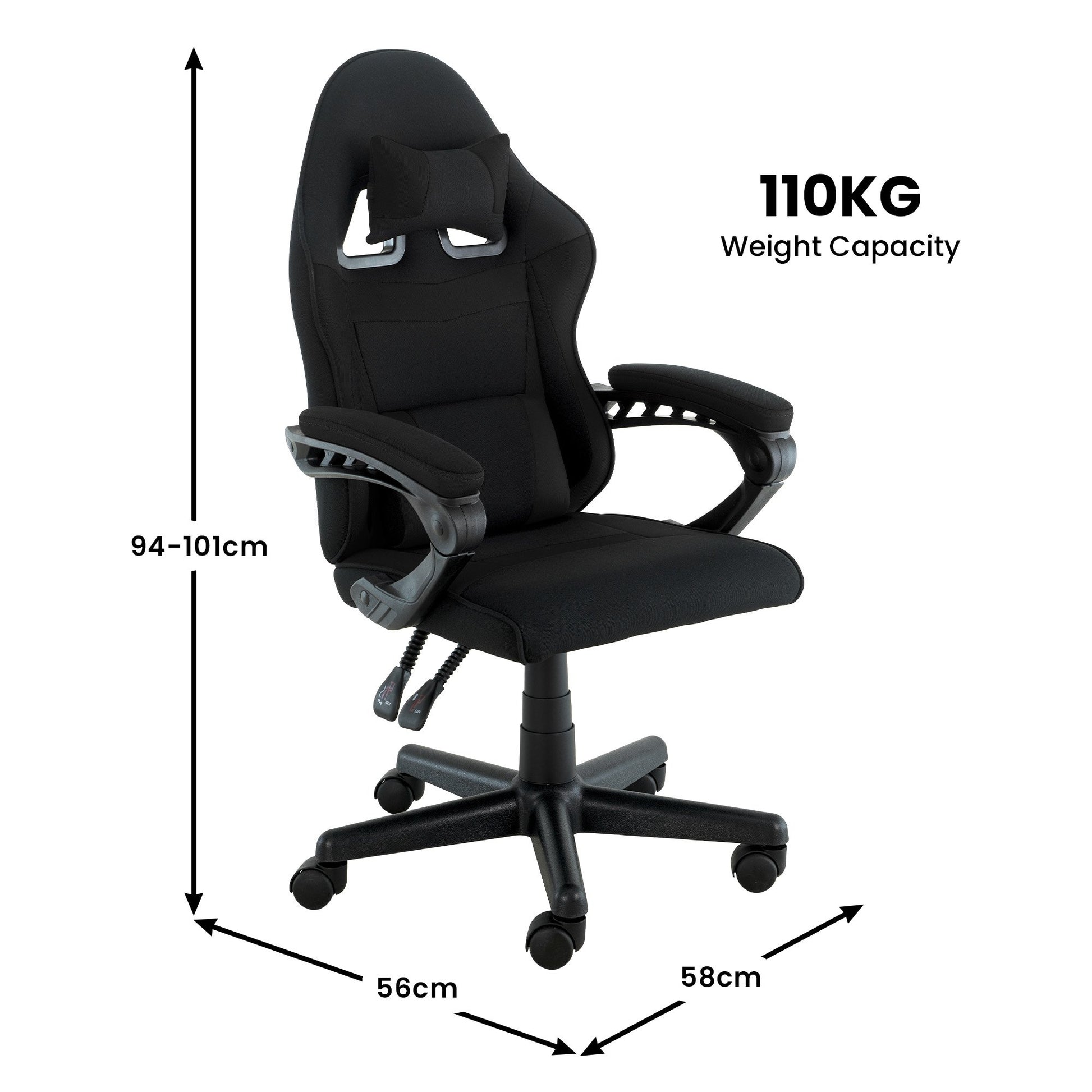 Sarantino all-black kids gaming chair dimensions 56cm wide 58cm deep 94-101cm tall, 110kg weight capacity badge on white