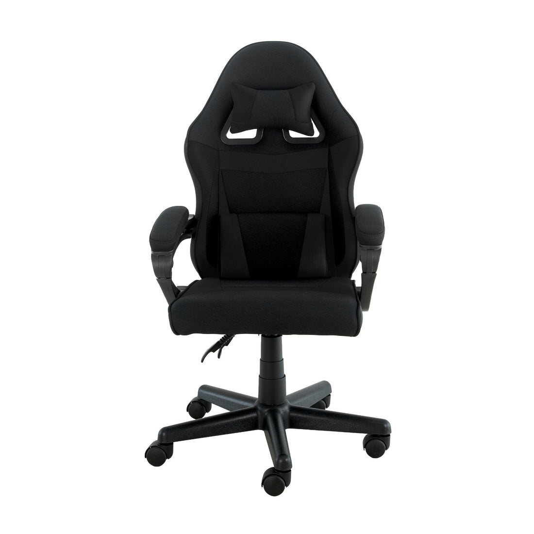 Sarantino all-black kids gaming chair with lumbar cushion front view on white, black five-star base with casters