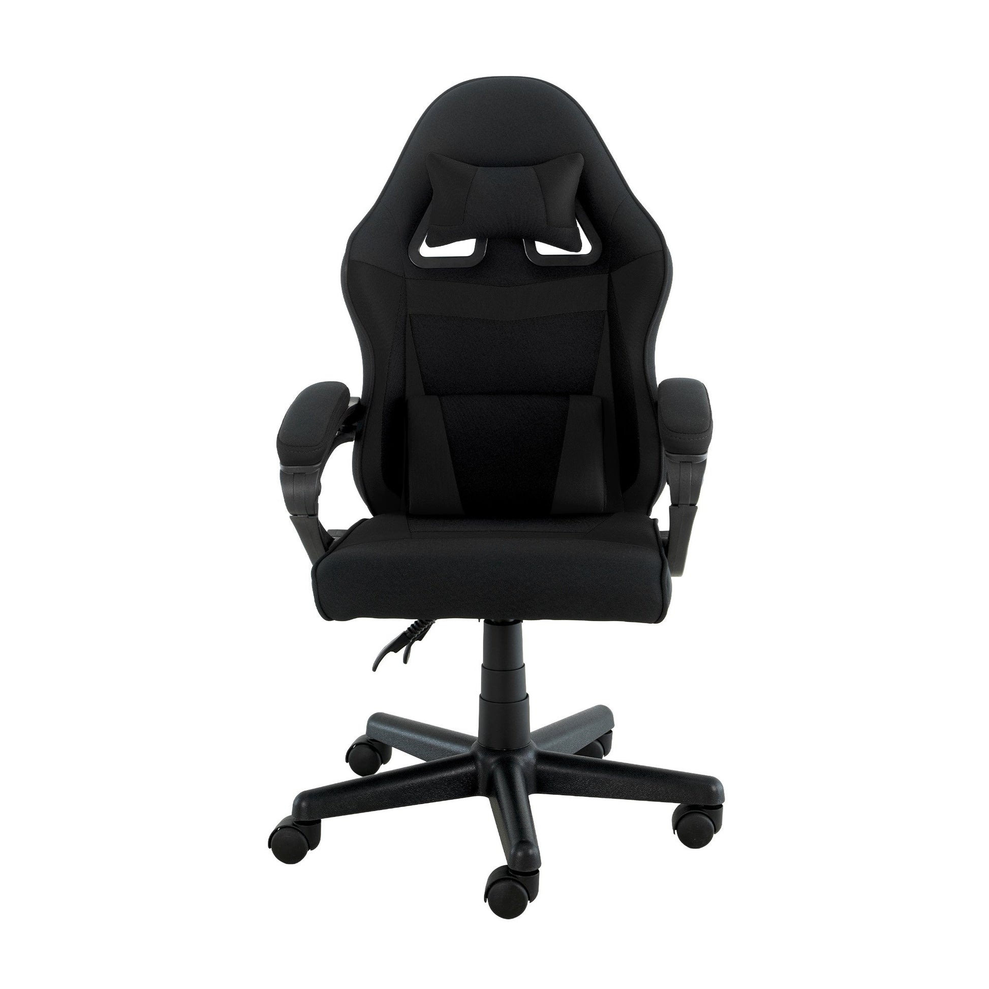 Sarantino all-black kids gaming chair with lumbar cushion front view on white, black five-star base with casters
