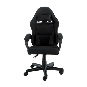 Sarantino all-black kids gaming chair with lumbar cushion front view on white, black five-star base with casters