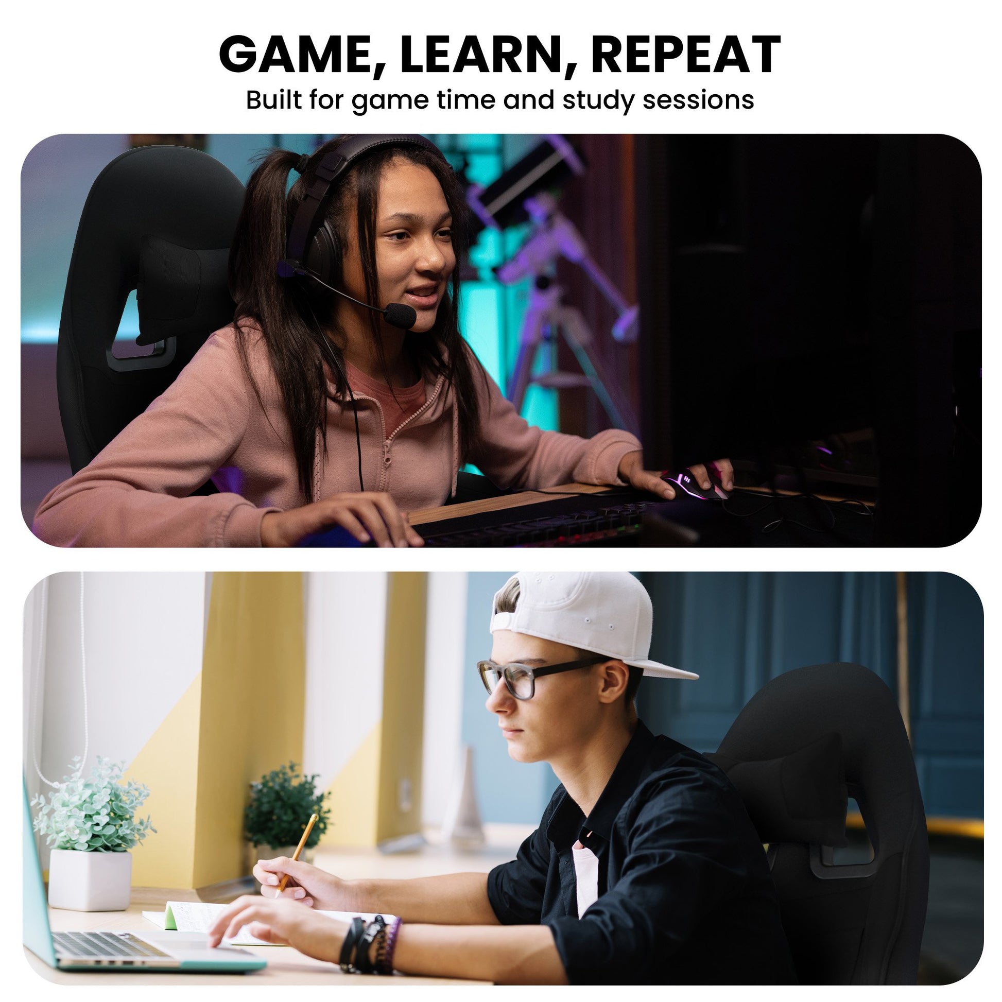 Sarantino black kids gaming chair Game Learn Repeat lifestyle: teen girl gaming with headset and teen boy studying at laptop