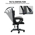 Sarantino all-black kids gaming chair tilt and swivel recline infographic with lever close-up, child-safe tension control