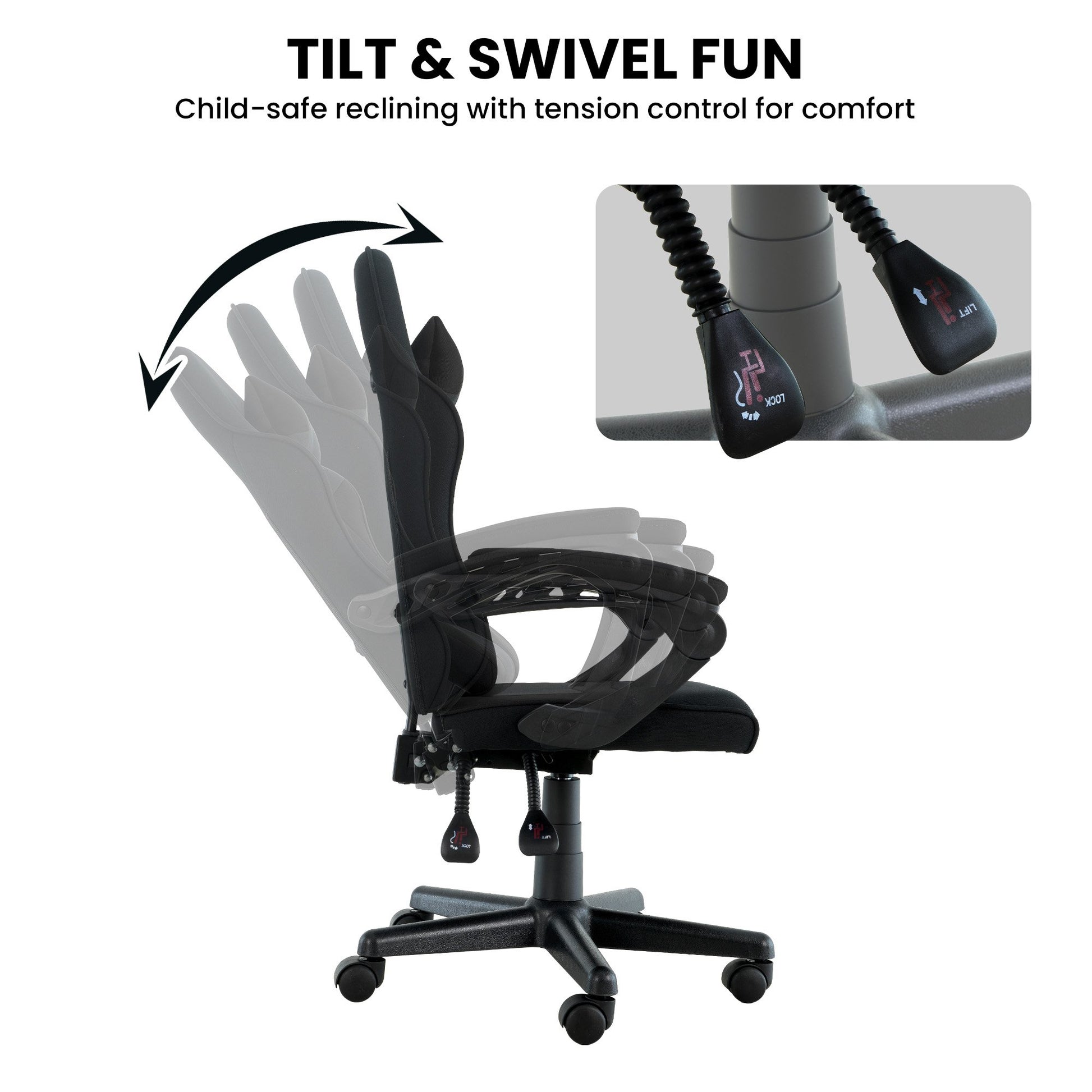 Sarantino all-black kids gaming chair tilt and swivel recline infographic with lever close-up, child-safe tension control