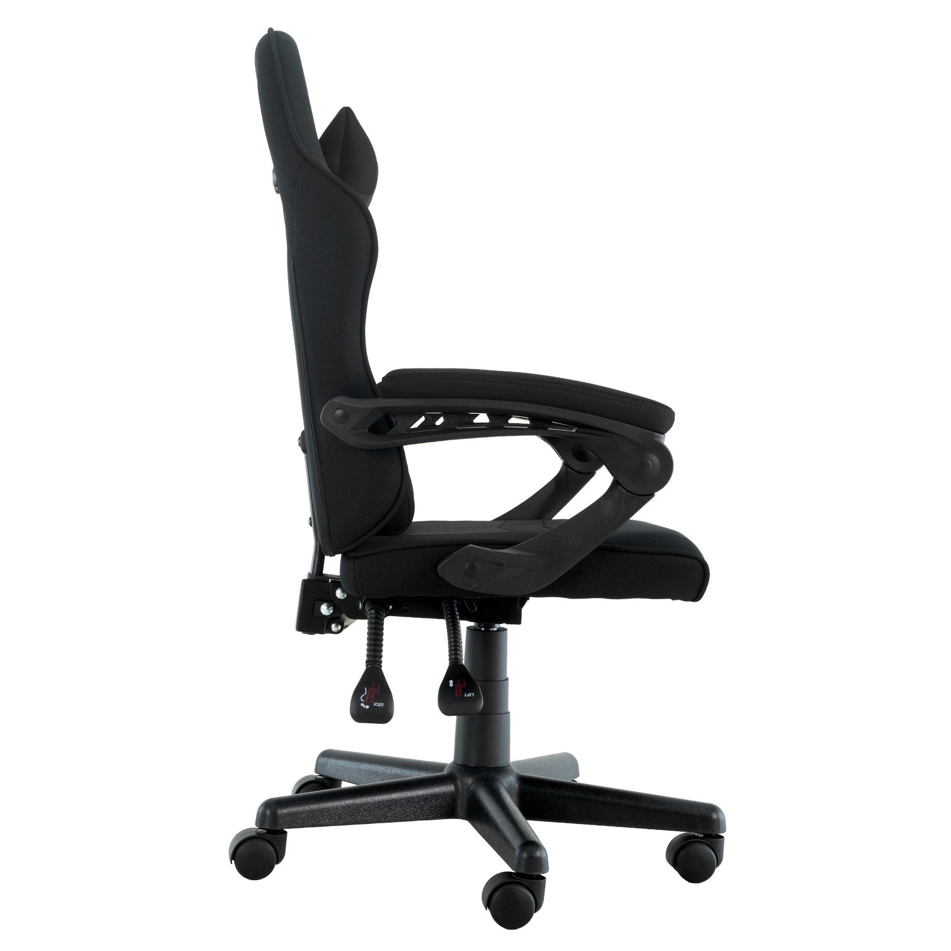 Sarantino all-black kids gaming chair side view on white background showing recline mechanism and height adjustment levers