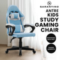 Sarantino light blue and white kids gaming chair three-quarter angle view on white background with neck and lumbar pillows