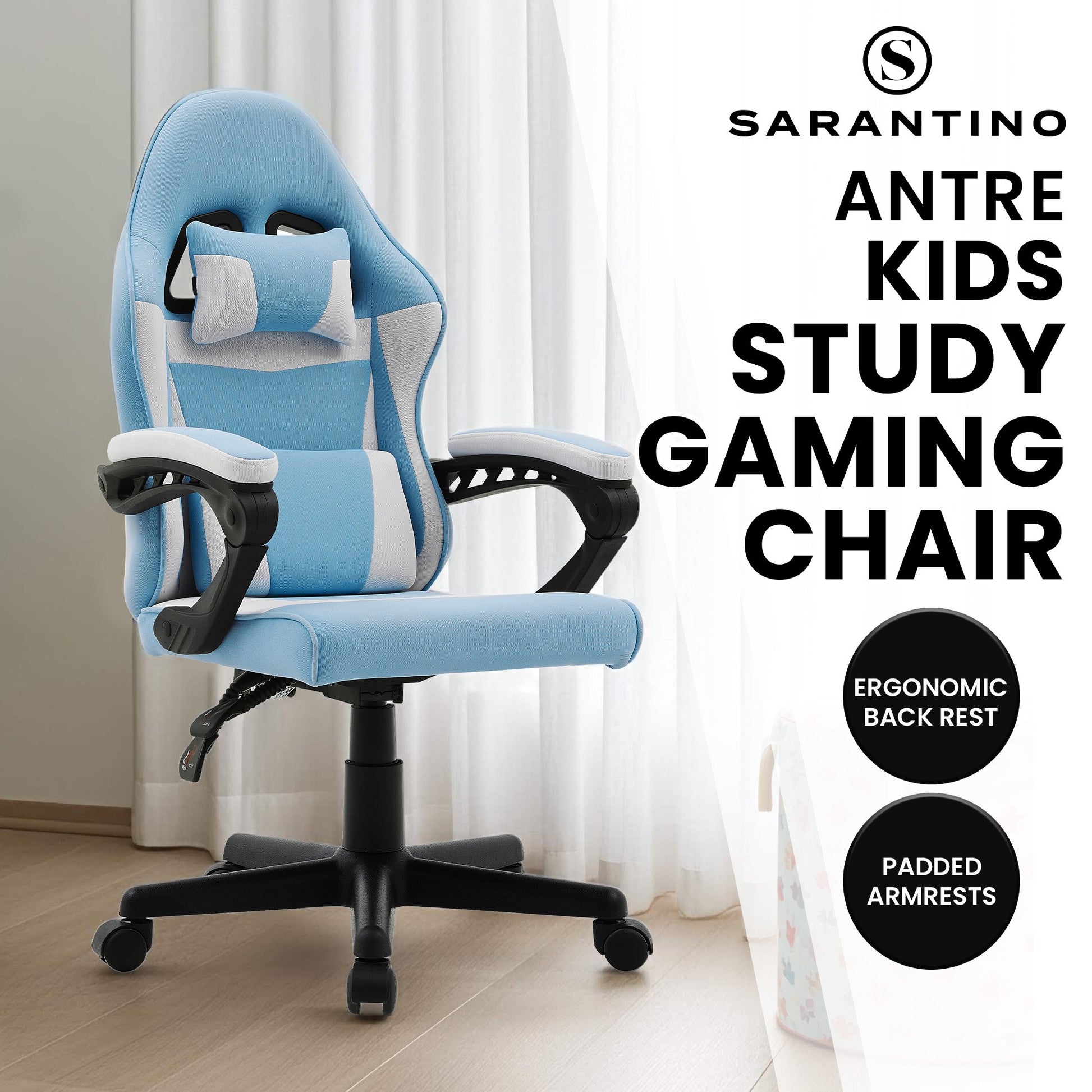 Sarantino light blue and white kids gaming chair three-quarter angle view on white background with neck and lumbar pillows