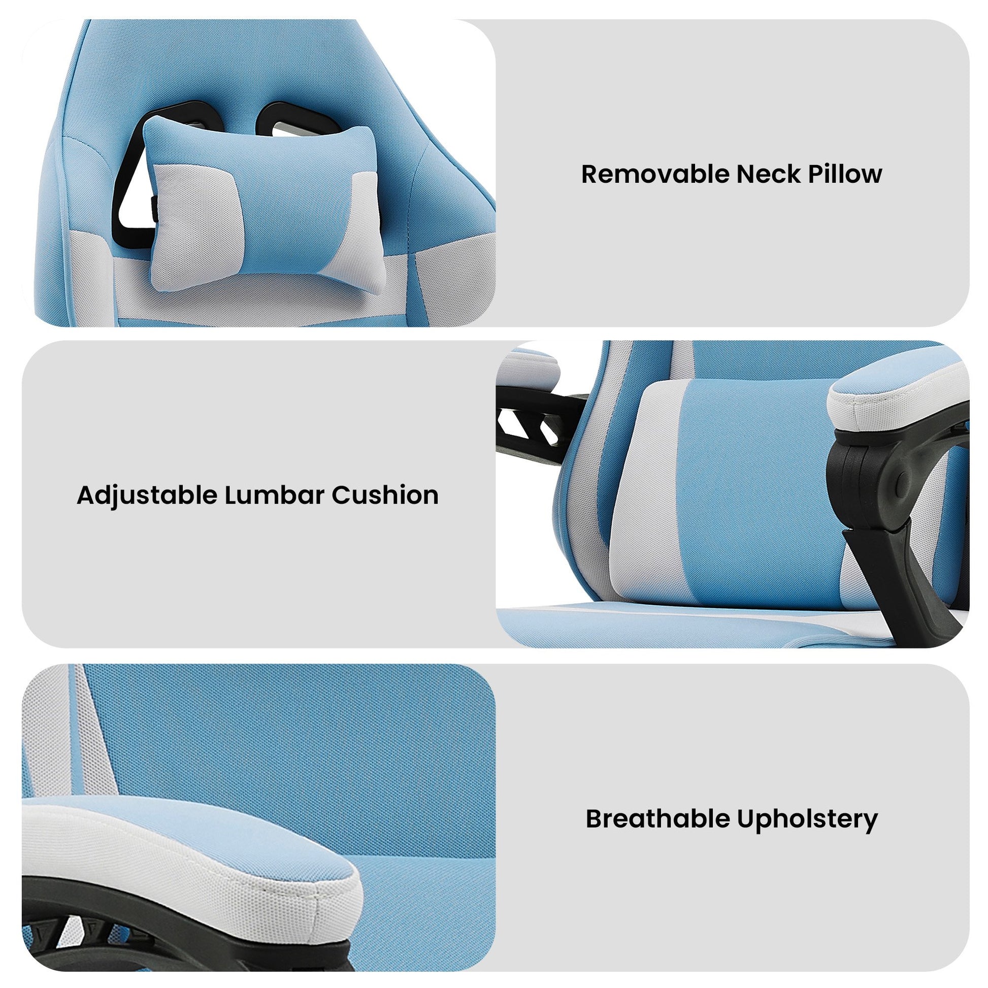 Sarantino kids gaming chair details: removable neck pillow, adjustable lumbar cushion and breathable upholstery close-ups