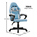 Sarantino light blue kids gaming chair dimensions 56cm wide 58cm deep 94-101cm tall, 110kg weight capacity badge on white