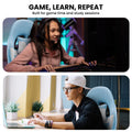 Sarantino blue kids gaming chair Game Learn Repeat lifestyle: teen girl gaming with headset and teen boy studying at laptop