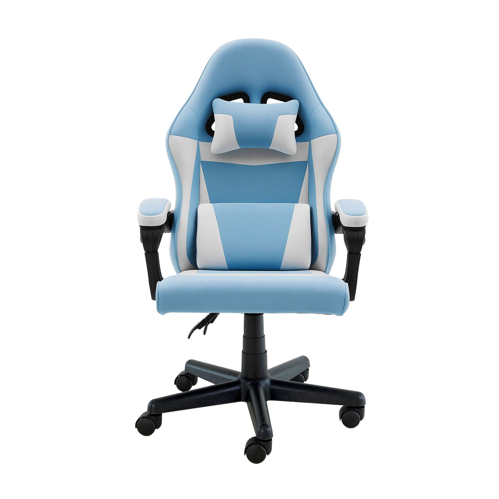 Sarantino Antre light blue kids study gaming chair in children's room with ergonomic back rest and padded armrests badges