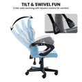 Sarantino light blue kids gaming chair tilt and swivel recline infographic with lever close-up, child-safe tension control
