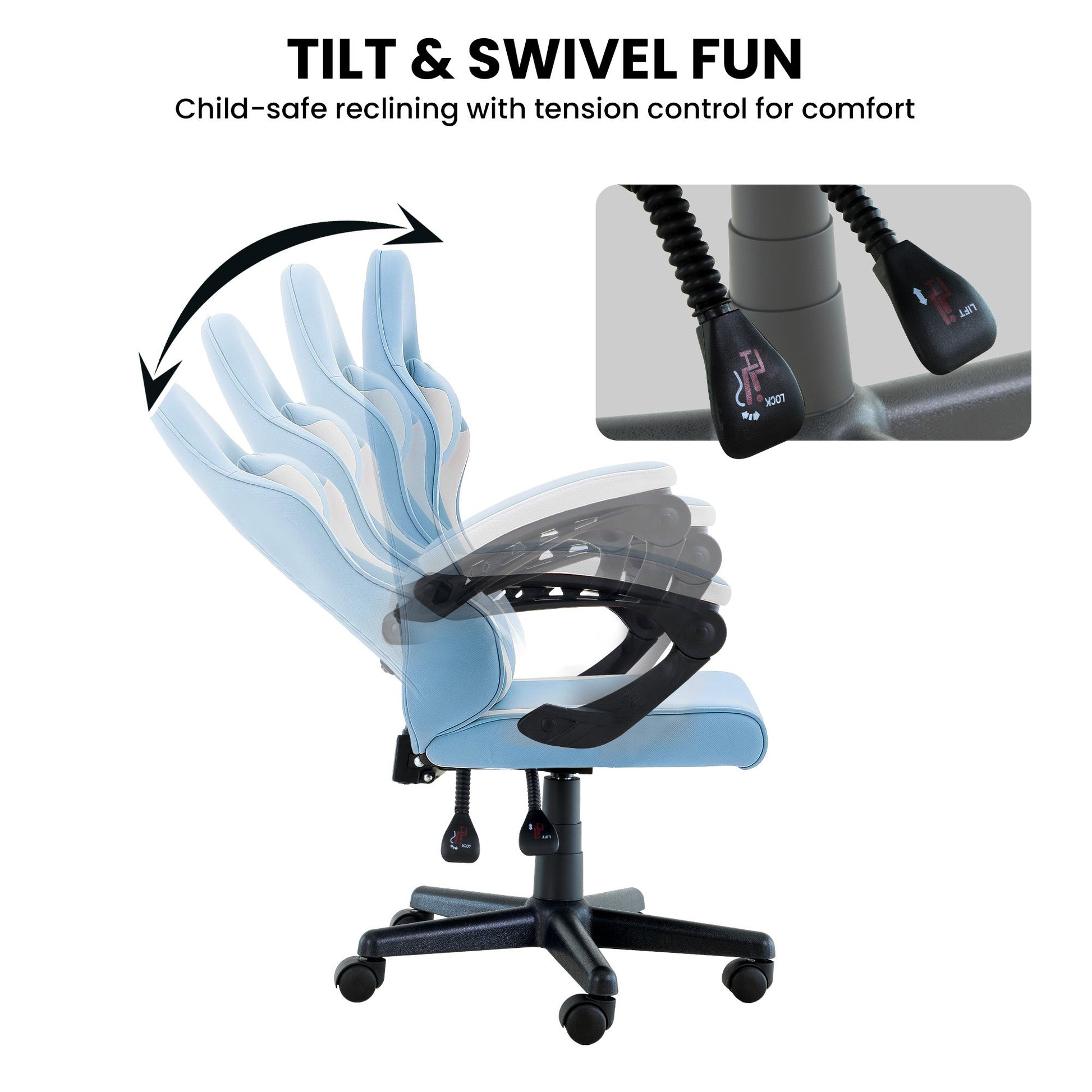 Sarantino light blue kids gaming chair tilt and swivel recline infographic with lever close-up, child-safe tension control