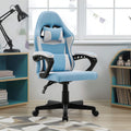 Sarantino light blue kids gaming chair in children's bedroom next to bookshelf and lamp with patterned rug on floor