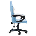 Sarantino light blue and white kids gaming chair side view on white background showing recline mechanism and height adjustors