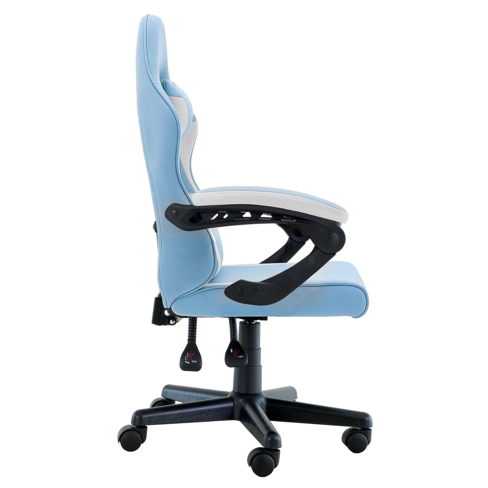 Sarantino light blue and white kids gaming chair side view on white background showing recline mechanism and height adjustors