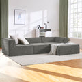 Sarantino Novi 3-seat grey modular sofa infographic showing modular sections, high-density foam, non-slip base and ottoman