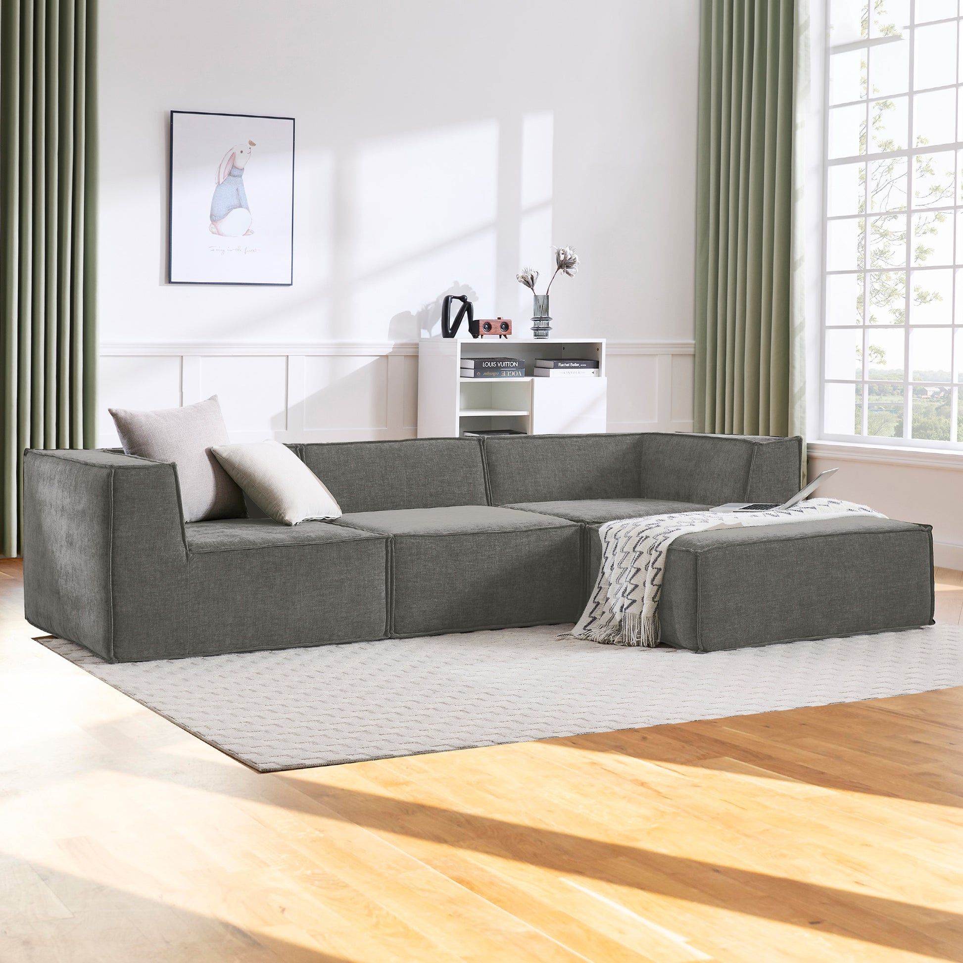 Sarantino Novi 3-seat grey modular sofa infographic showing modular sections, high-density foam, non-slip base and ottoman