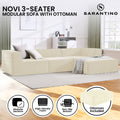Sarantino Novi 3-seat modular sofa infographic showing modular sections, high-density foam, non-slip base and ottoman