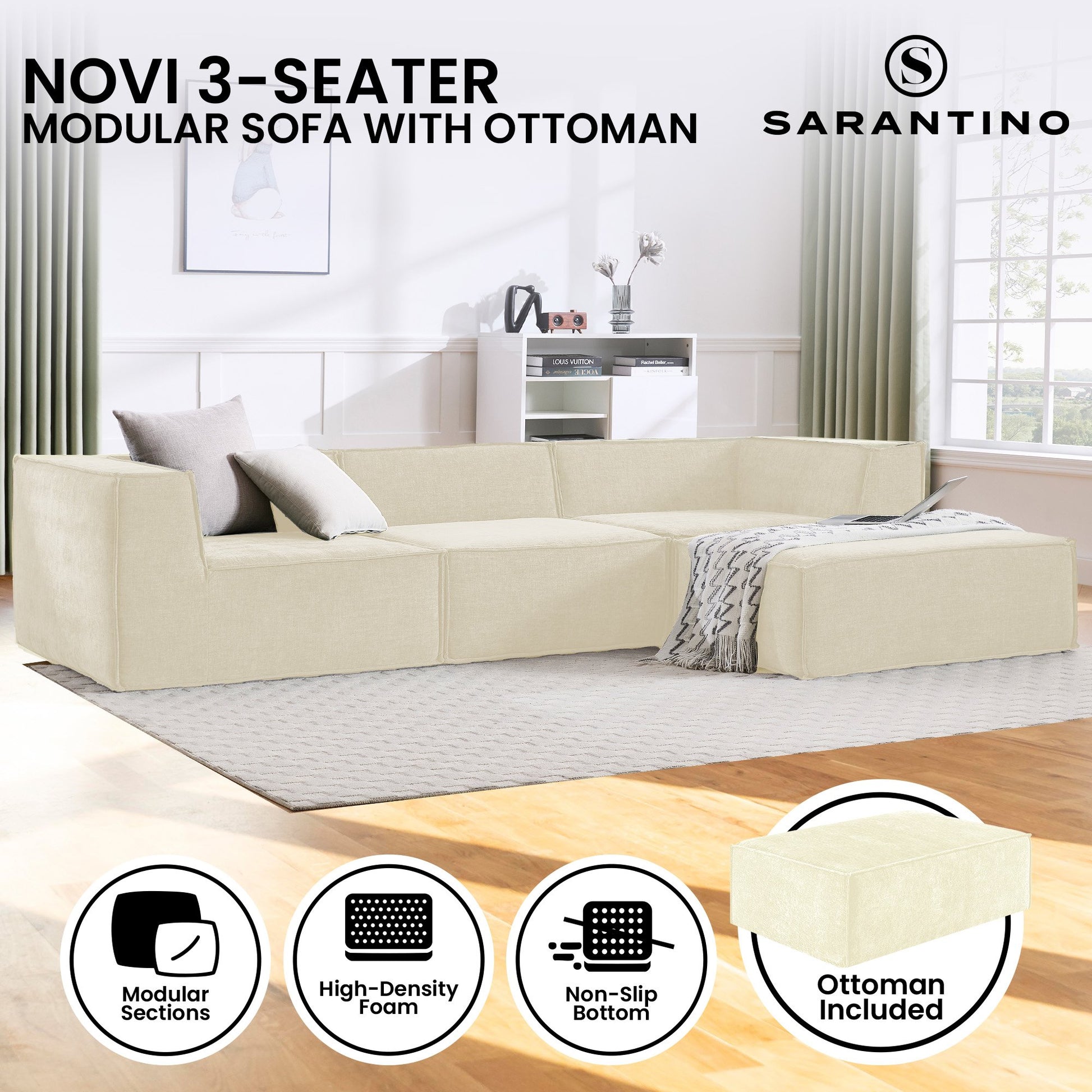 Sarantino Novi 3-seat modular sofa infographic showing modular sections, high-density foam, non-slip base and ottoman