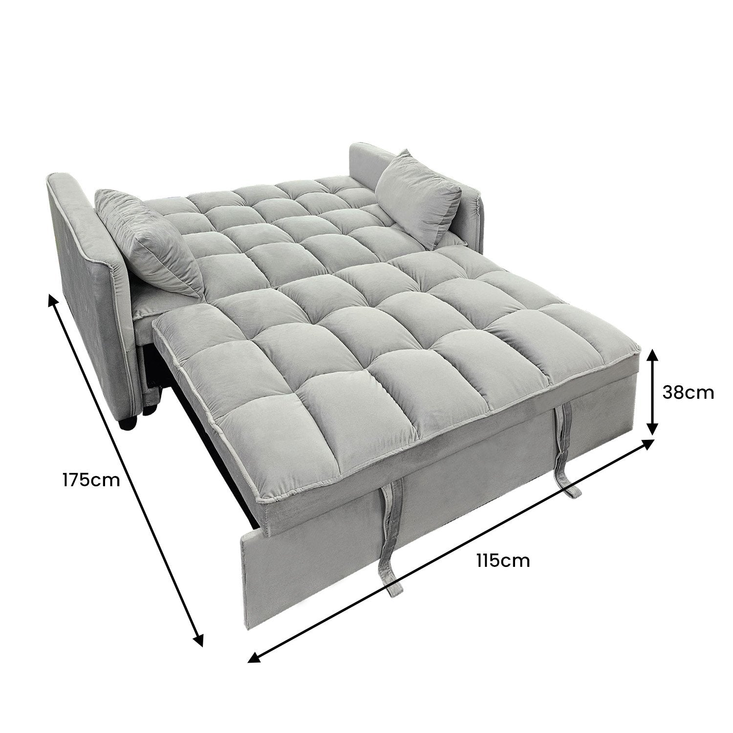 Dimensions for Sarantino Quincy sofa bed in extended bed mode: 175cm length, 115cm width, 38cm height
