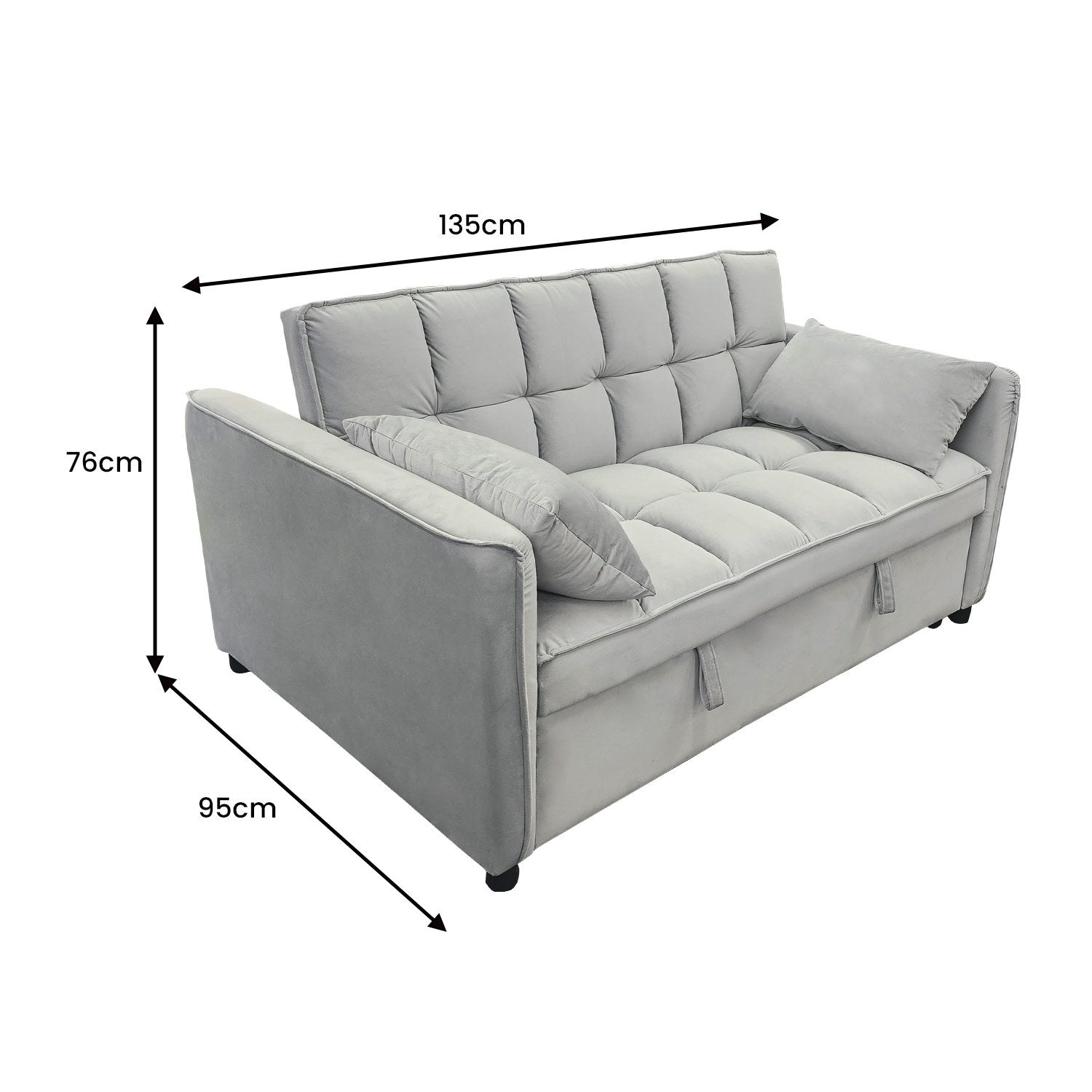 Dimensions diagram for Sarantino Quincy sofa bed: 135cm width, 95cm depth, 76cm height in sofa mode