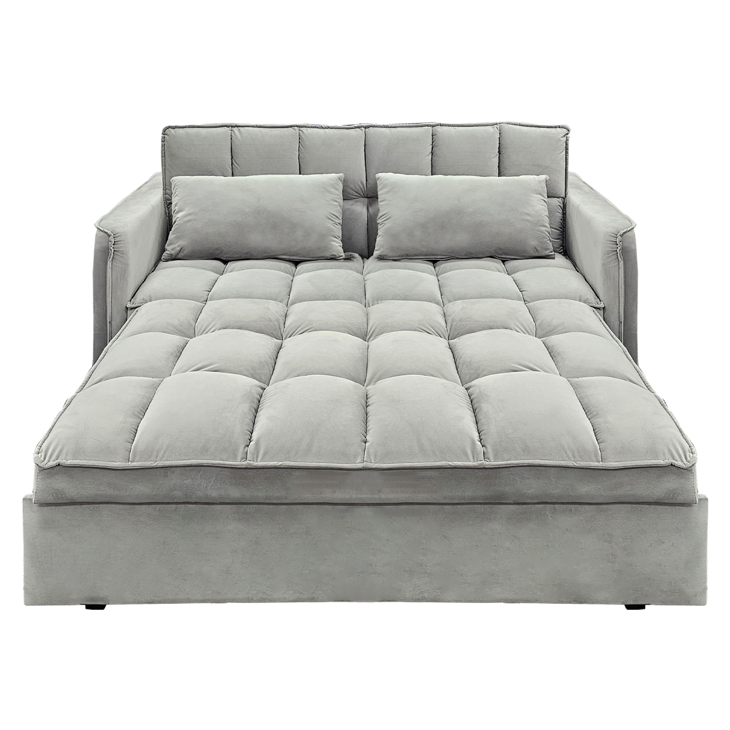 Sarantino Quincy light grey velvet sofa bed with seat fully extended to bed position, front view