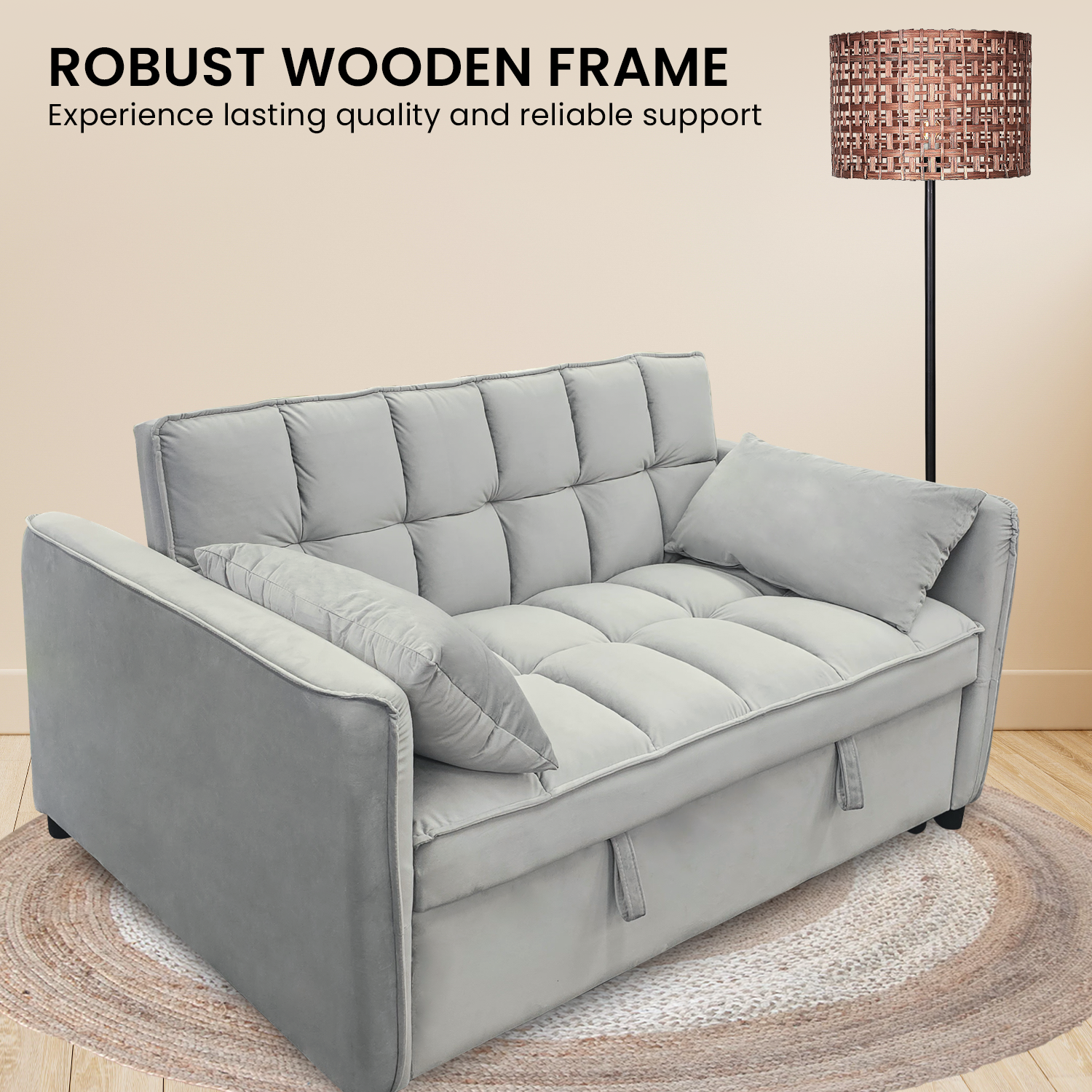 Robust Wooden Frame infographic for Sarantino Quincy sofa bed with lifestyle shot and floor lamp