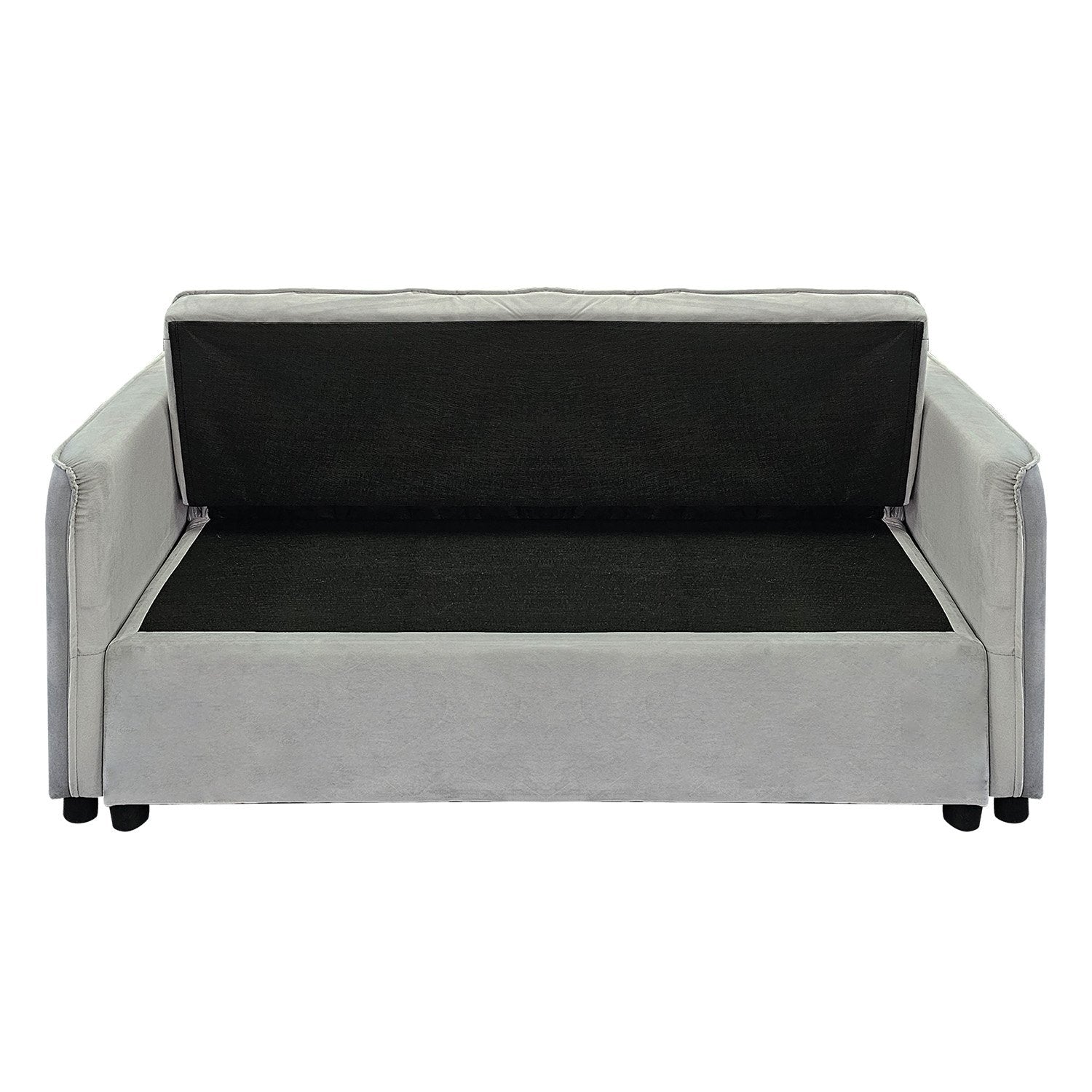 Sarantino Quincy sofa bed with seat lifted up showing black interior wooden frame and storage space