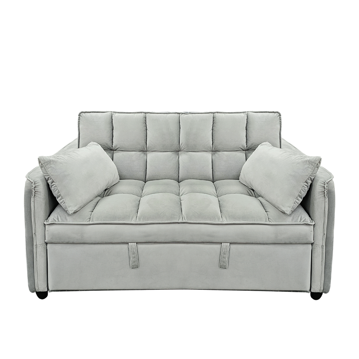 Sarantino Quincy light grey velvet 2-seater sofa bed with two scatter cushions, front view on white background