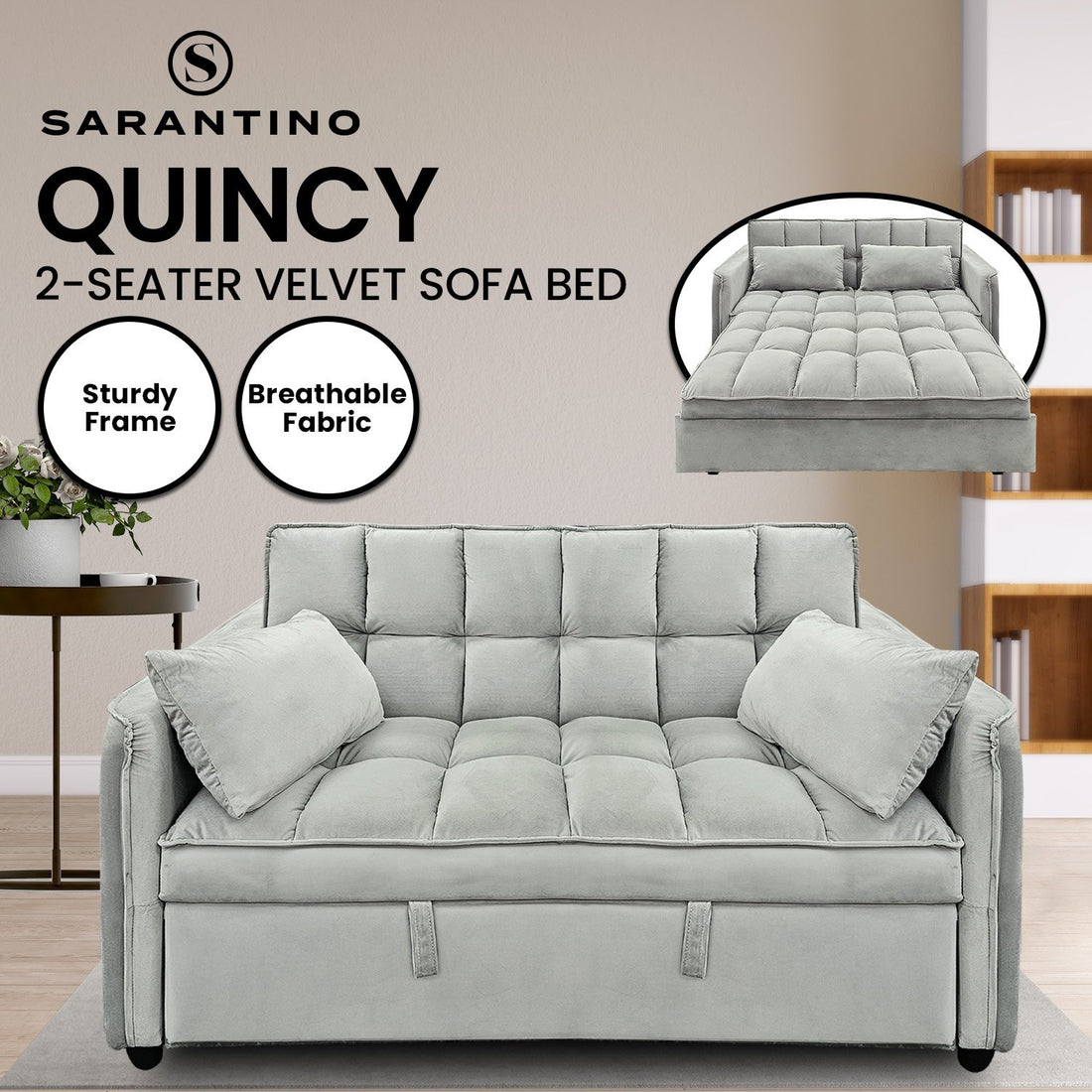 Light grey velvet pull-out sofa bed with tufted seat cushion and scatter cushions, angle view