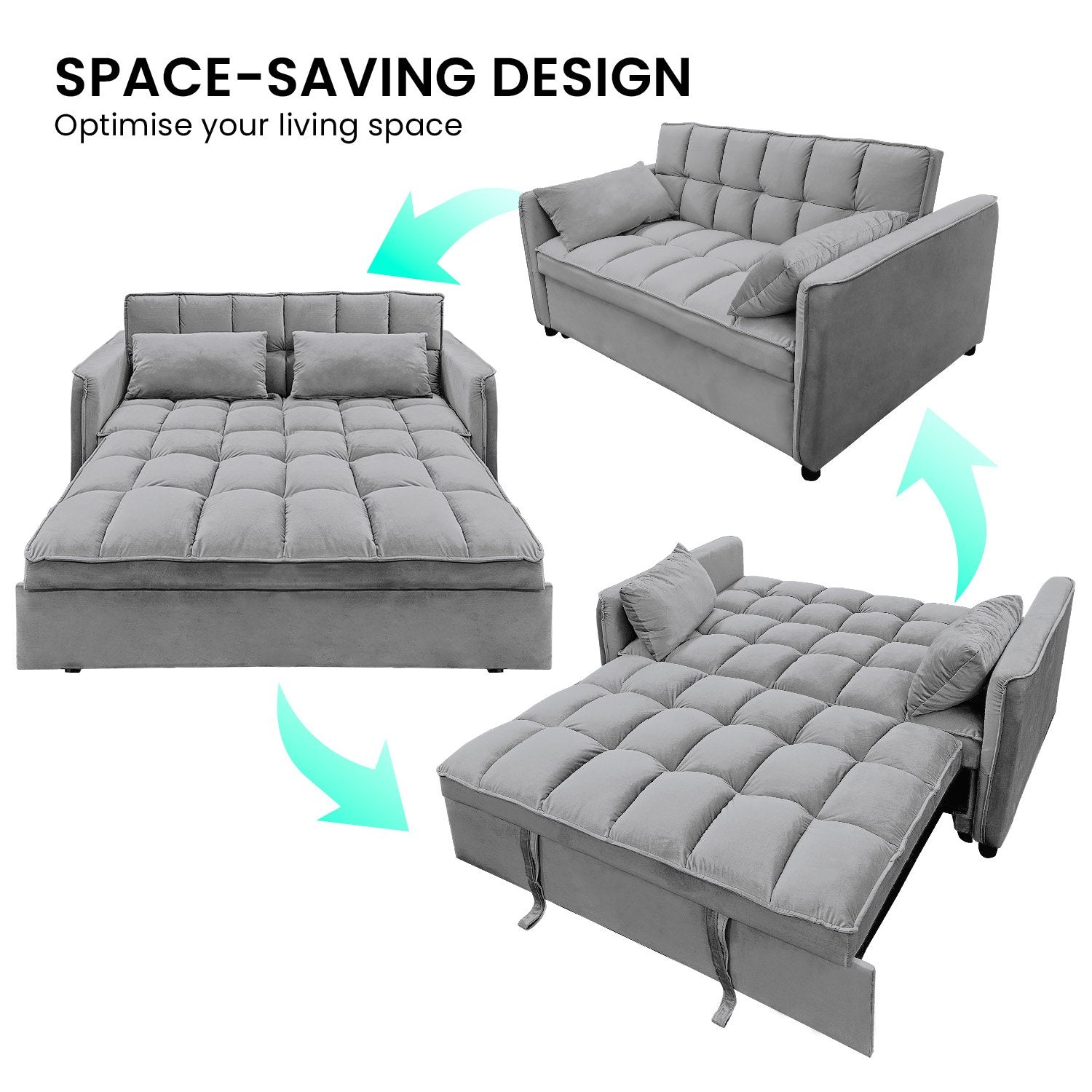 Sarantino Quincy 2-seater velvet sofa bed promotional image with brand logo and inset bed position view
