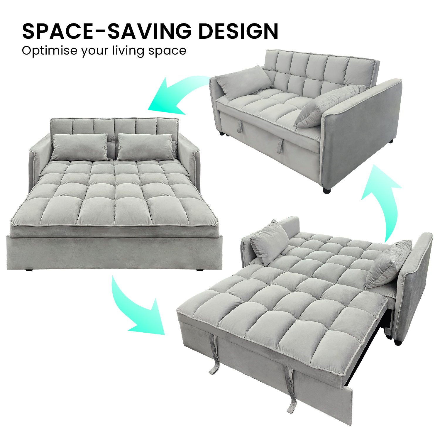 Space-Saving Design infographic for Sarantino Quincy sofa bed showing three conversion positions