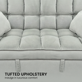 Tufted Upholstery infographic for Sarantino Quincy sofa bed showing close-up of tufted seat surface