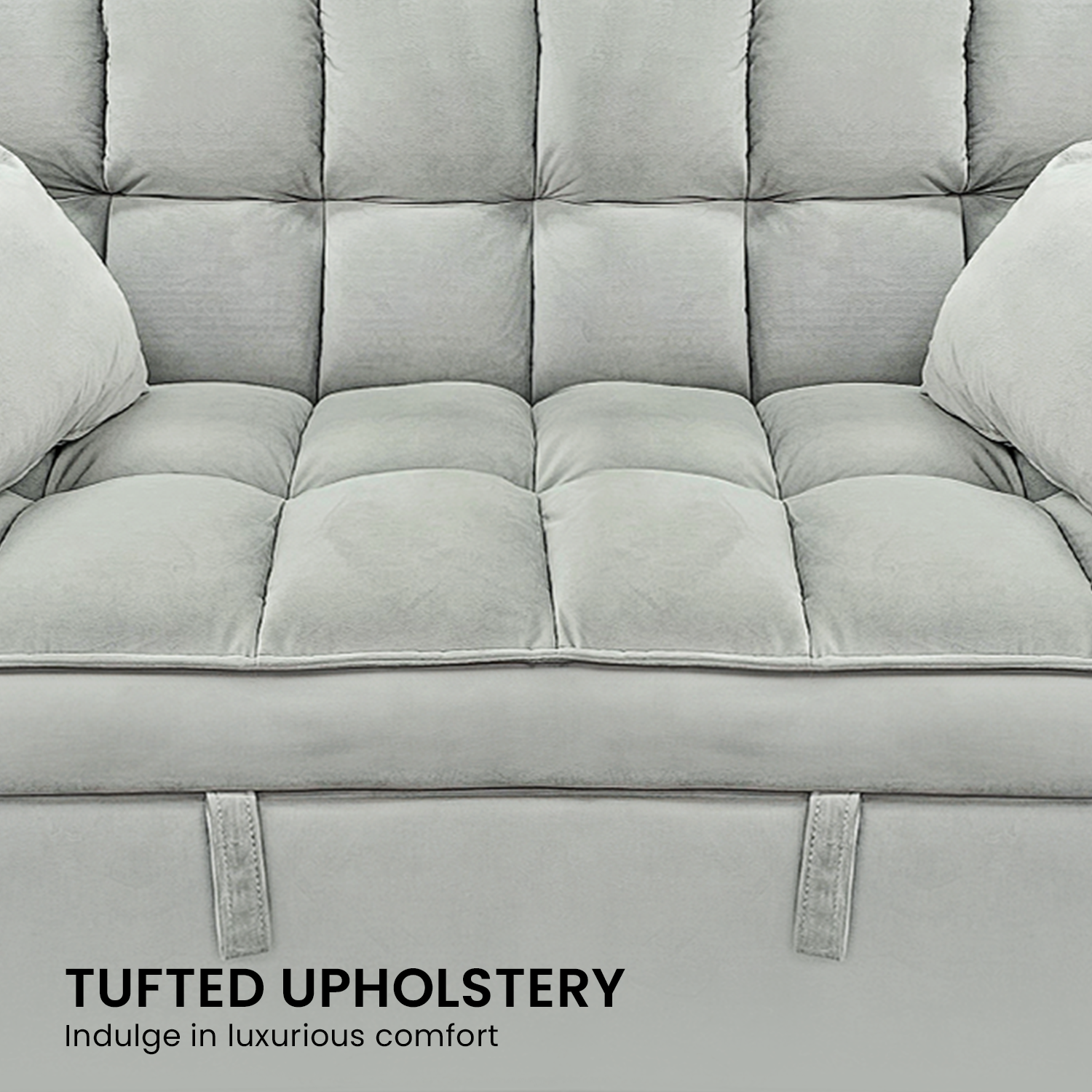 Tufted Upholstery infographic for Sarantino Quincy sofa bed showing close-up of tufted seat surface