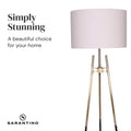 Sarantino tripod floor lamp with white shade and gold brass legs, text 