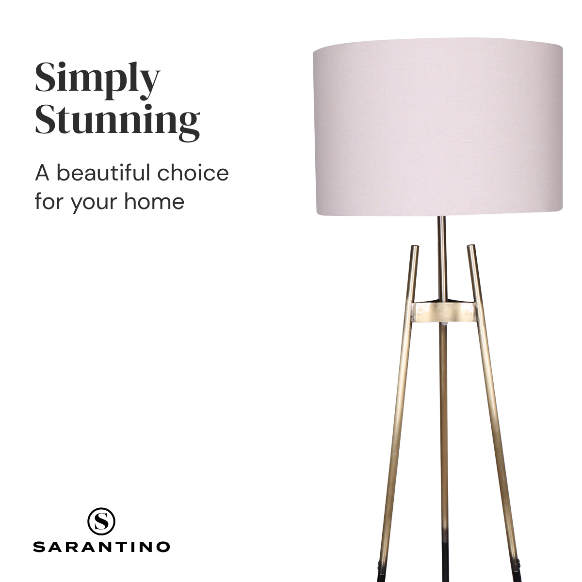 Sarantino tripod floor lamp with white shade and gold brass legs, text "Simply Stunning" on white background