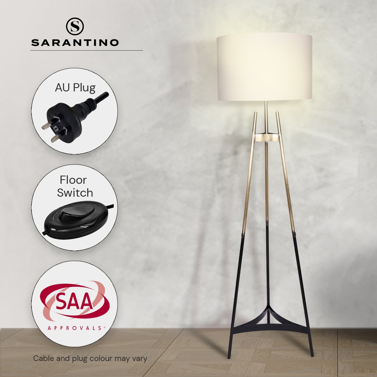 Sarantino tripod floor lamp lit in room with callouts for AU Plug, Floor Switch, and SAA Approvals badge