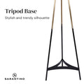 Sarantino close-up of three-leg tripod lamp base with black arched crossbrace, text reads 