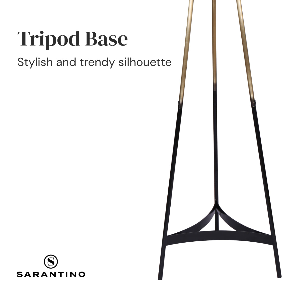 Sarantino close-up of three-leg tripod lamp base with black arched crossbrace, text reads "Tripod Base"